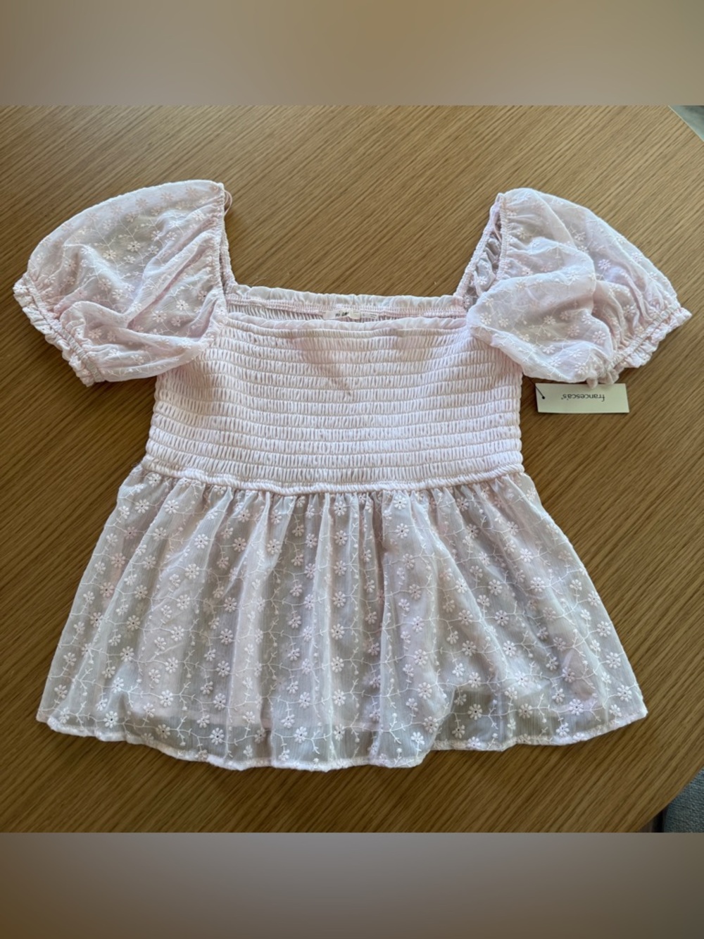 Francesca's Collections Pink Puff Sleeve Smocked Floral Peplum Top